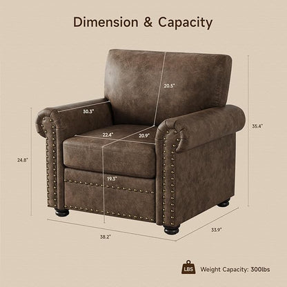 ONBRILL Nailhead Trim Accent Chair, Faux Leather Club Chair for Living Room, Comfy Armchair with Springs Cushions & Solid Wood Legs, Traditional Rolled Arms Single Sofa for Bedroom, Apartment, Brown