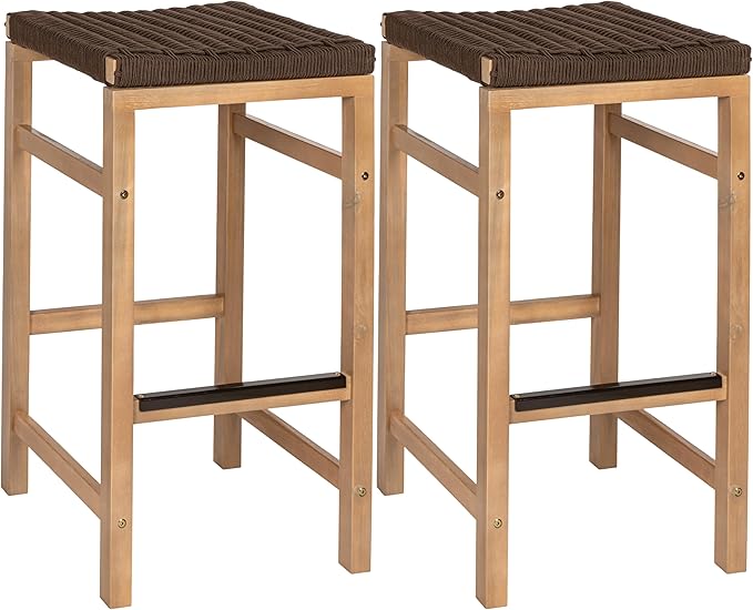 JONATHAN Y BSL1201C-SET2 Armand 30" Modern Coastal Backless Acacia Wood Outdoor Bar Stool with Woven Rope Seat, for Pool, Deck, Poolside, Light Teak/Brown (Set of 2)