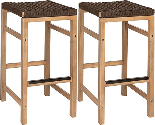 JONATHAN Y BSL1201C-SET2 Armand 30" Modern Coastal Backless Acacia Wood Outdoor Bar Stool with Woven Rope Seat, for Pool, Deck, Poolside, Light Teak/Brown (Set of 2)