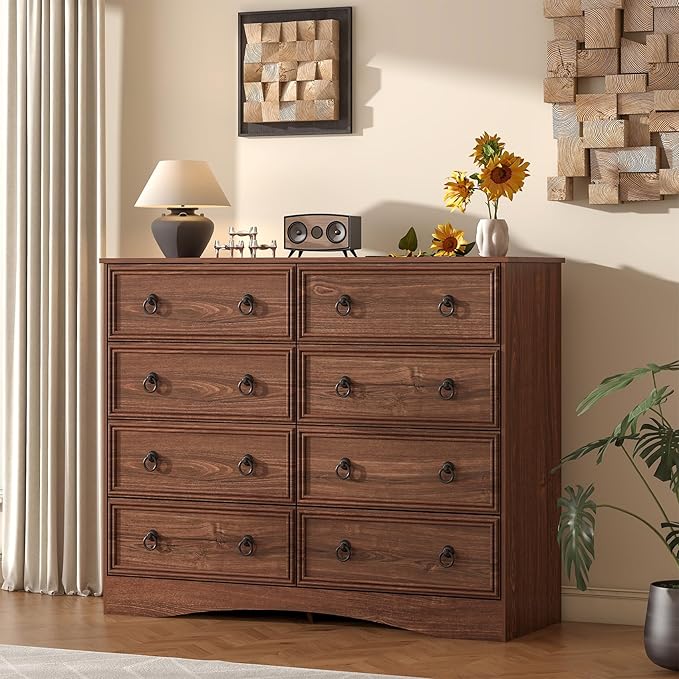 8 Drawer Dresser for Bedroom, Large Dressers Mid Century Modern Cherry Wood Chest of Drawers,Storage Organizer Furniture, Hallway, Entryway, Closet, Cherry Wood