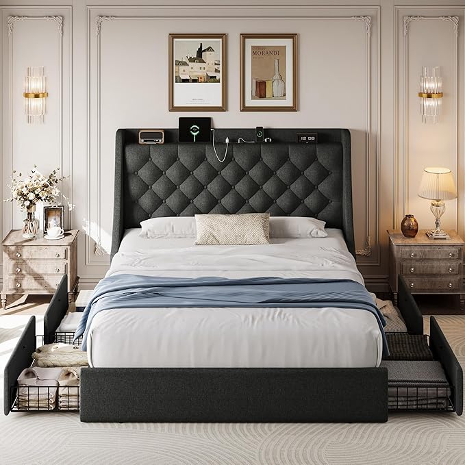 Full Size Upholstered Platform Bed Frame with 4 Storage Drawers and Charging Station, Linen Button Tufted Wingback Headboard, Sturdy Wooden Support Slats, No Box Spring Needed, Dark Grey