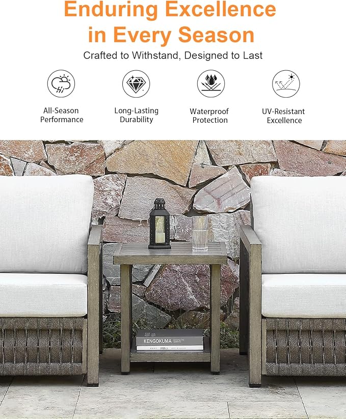 Outdoor Side Table, Aluminum Square Patio Side Table, 2-Tier Rope Weave Outdoor End Table with Adjustable Legs, Outside Furniture Patio Table for Garden, Pool, Balcony, Decks, Gray Oak