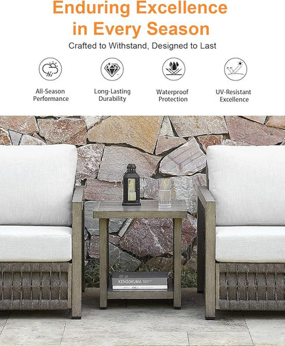 Outdoor Side Table, Aluminum Square Patio Side Table, 2-Tier Rope Weave Outdoor End Table with Adjustable Legs, Outside Furniture Patio Table for Garden, Pool, Balcony, Decks, Gray Oak