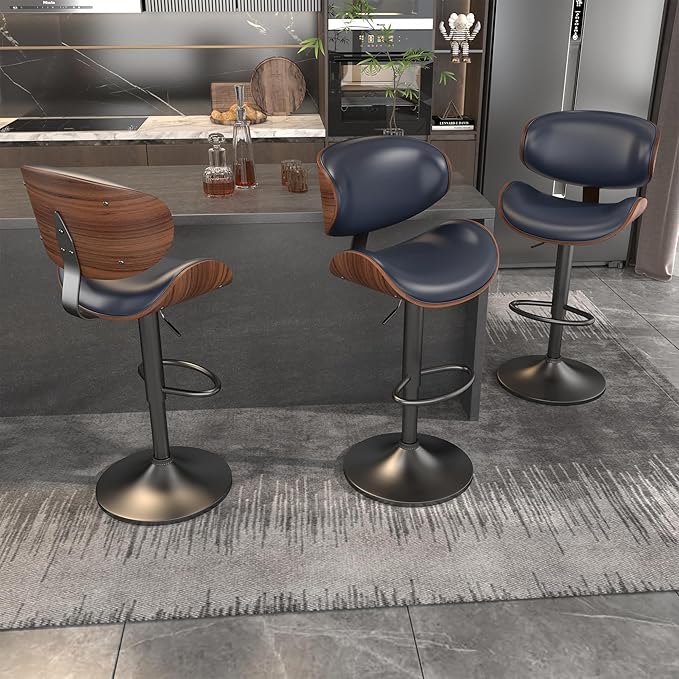 Mid Century Modern Bar Stools Set of 4, Counter Height Bar Stools, Barstools with Back for Kitchen Dining Room Bar, Brown Blue
