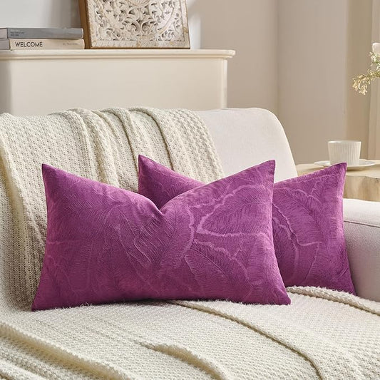 FUTEI Purple Velvet Throw Pillow Covers 12x20 Inch Set of 2,Soft Embossed Leaf-Relief Textured Lumbar Pillow Cases,Natural Home Decor for Couch Living Room
