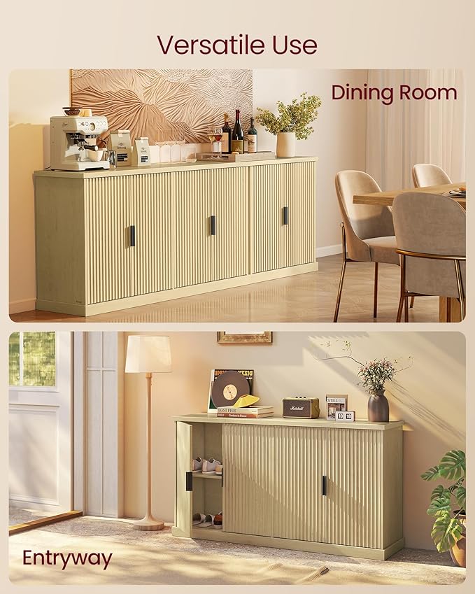 VASAGLE MAXE Collection - Buffet Cabinet, Fluted Console Cabinet, Sideboard with Adjustable Shelves, Mid Century Modern Buffet Table, 15.8 x 58.3 x 31.5 Inches, Oak Beige UBBK382Y01S