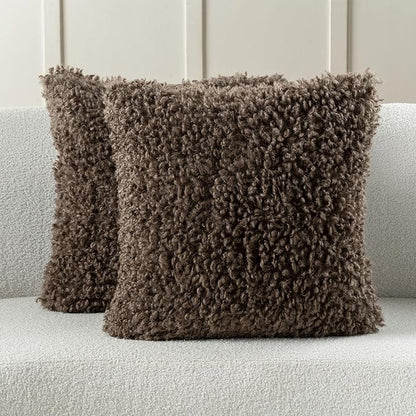 FUTEI Chocolate Decorative Throw Pillow Covers 24x24 Inch Set of 2,Soft Fluffy Faux Wool Fur Boucle Textured European Cushion Case,Modern Home Decor for Couch Bed Living Room Office