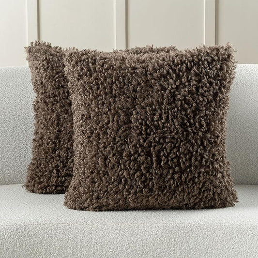 FUTEI Chocolate Decorative Throw Pillow Covers 20x20 Inch Set of 2,Soft Fluffy Faux Wool Fur Boucle Textured Cushion Case,Modern Home Decor for Couch Bed Living Room Office