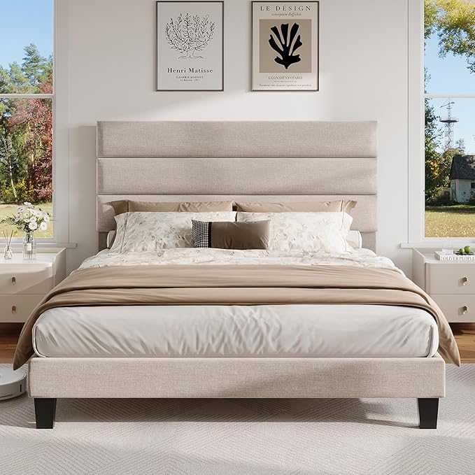 AMERLIFE Queen Size Bed Frame with Linen Upholstered Headboard, Modern Platform Bed with Wooden Slats Support, Noise-Free, No Box Spring Needed, Easy Assembly, Beige