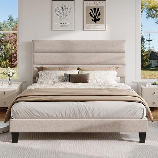 AMERLIFE Queen Size Bed Frame with Linen Upholstered Headboard, Modern Platform Bed with Wooden Slats Support, Noise-Free, No Box Spring Needed, Easy Assembly, Beige