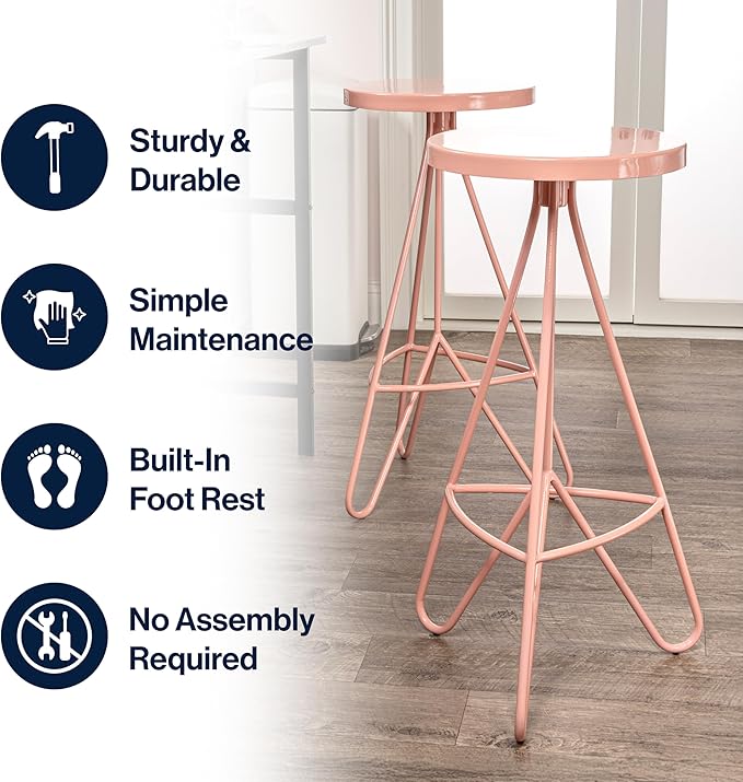 JONATHAN Y BSL1002C Trinity 30" Modern Industiral Iron Tripod Backless Bar Stool for Home, Kitchen, Dining Room, Workspaces, Cafes and Resturants, Pink Frame