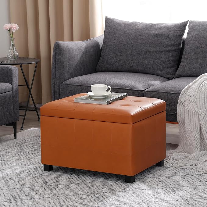 Asense Storage Ottoman Bench,Foot Stool Ottoman with Storage, Faux Leather Foot Rest Seat with Safety Hinge,Wood Legs Stool for Living Room, Bedroom,Enterway,Brown