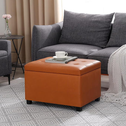Asense Storage Ottoman Bench,Foot Stool Ottoman with Storage, Faux Leather Foot Rest Seat with Safety Hinge,Wood Legs Stool for Living Room, Bedroom,Enterway,Brown