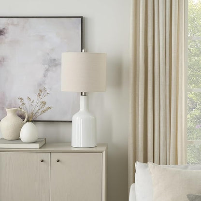 Nourison Home 22" Glossy White Ceramic Table Lamp for Modern, Transitional, Bedside Table, Living Room, Dining, Entryway