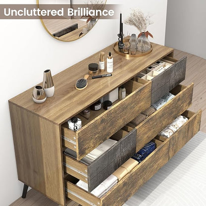 Hadulcet Fluted 6 Drawer Dresser for Bedroom, Modern Chest of Drawers with Push to Open Storage Organizer for Closet, 47” Handleless Wood Dresser TV Stand for Living Room, Entryway Nursery, Dark Wood