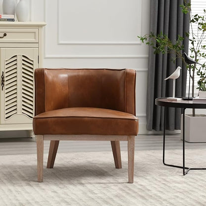 Set of 2 Arm Accent Chair Barrel Accent Chair with Wood Legs, Brown Leather Comfy Barrel Round Side Chair Upholstered Reading Chairs with Back for Living Room Bedroom Living Room Chair, Brown