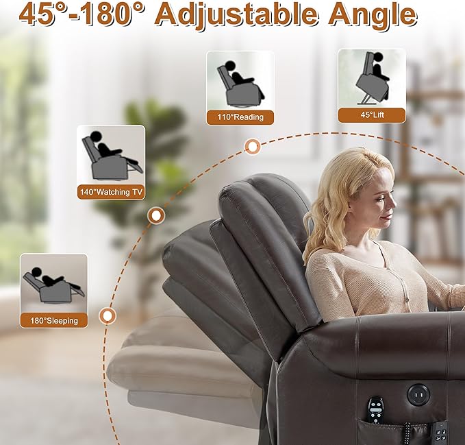Luxlen Power Lift Recliner Chair for Elderly, Dual Motor Massage Recliner with Lumbar Heat, Heavy Duty Motion Mechanism Lift Chair with Charge Ports, Genuine Leather - Antique Brown