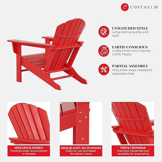 Costaelm Outdoor Adirondack Chair, HDPE Patio Chair, Weather Resistant Lawn Firepit Outside Chairs for Porch, Poolside, Garden, Backyard Deck, Red