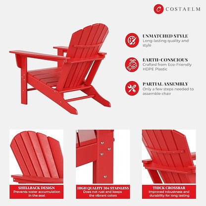 Costaelm Outdoor Adirondack Chair, HDPE Patio Chair, Weather Resistant Lawn Firepit Outside Chairs for Porch, Poolside, Garden, Backyard Deck, Red