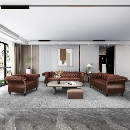 Chesterfield Loveseat Sofa, Modern 2 Seater Couch Leather Small Love Seat Sofa with Rolled Arms and Nailhead, Mid Century Modern Loveseat for Small Spaces Living Room Bedroom Apartment, Brown