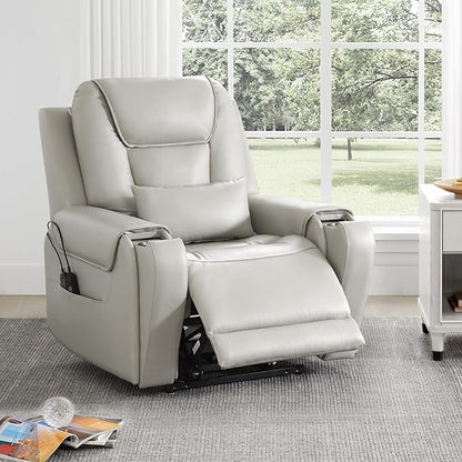 CHITA Electric Power Lift Recliner Chair for Elderly with Massage and Heat, Large Lay Flat Genuine Leather Recliner Chair with Cup Holders, USB Ports, Power Headrest, Independent Backrest, Light Gray