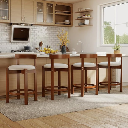 COSTWAY 24” Counter Height Bar Stools Set of 2, Linen Upholstered Bar Chairs with Backrests and Footrests, Wood High Barstools for Kitchen Island and Dining Room (Walnut)
