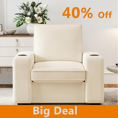 Furnimart 36" Wide Plush Accent Chair, Single Sofa with USB Charger & Cup Holder, Oversized Comfy Chair Tufted Terry Fabric, Ideal for Living Room, Bedroom, Apartment(Terry-Beige)