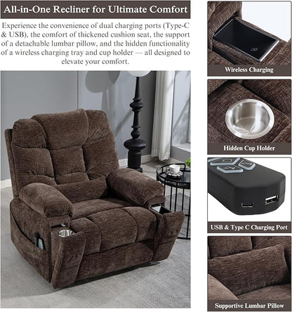 Power Lift Recliner for Elderly Adults, Dual Motor Lay Flat Lift Chair with Heat Massage, Cup Holder & Wireless Phone Charger, USB Type C Charging, Big Man Recliners 400 lbs