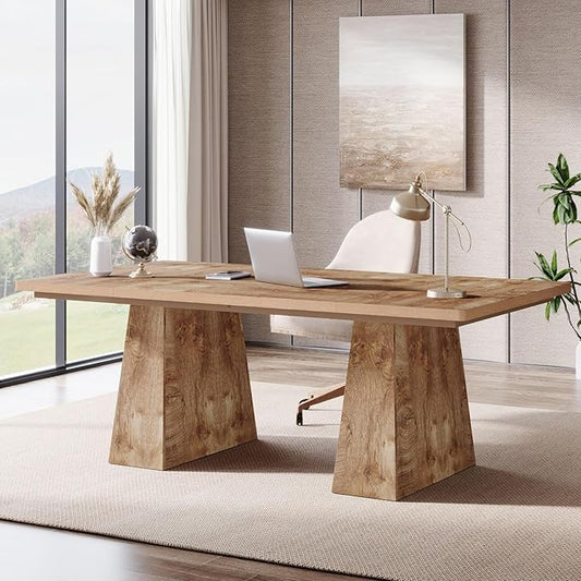 Tribesigns 63-Inch Executive Desk, Large Office Computer Desk with Double Pedestal, Modern Simple Workstations Writing Table Conference Table Business Furniture for Home Office, Natural