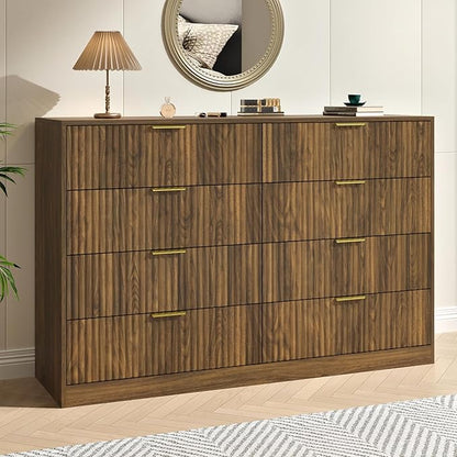 Fluted 8 Drawer Double Dresser Wood,55” Wide Bedroom Dresser Mid Century Chest of Drawers Wooden with Gold Handle,Dressers TV Stand for Bedroom,Living Room,Walnut