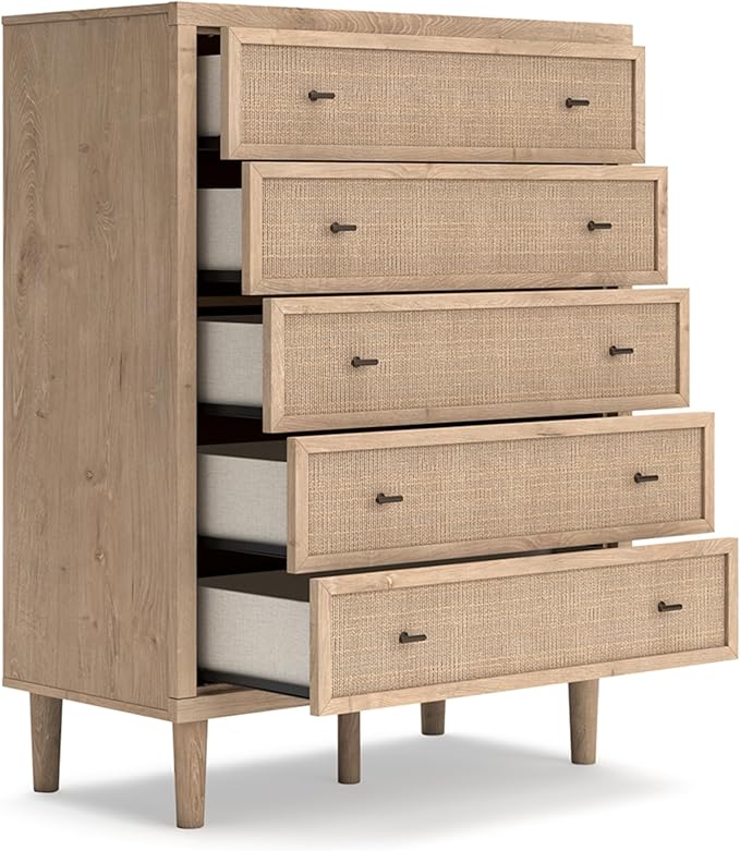 Signature Design by Ashley Cielden Contemporary Chest of Drawers with Textured Cane Details and 5 Drawers, Bronze Knobs, Wood, 52.48" High, Light Brown