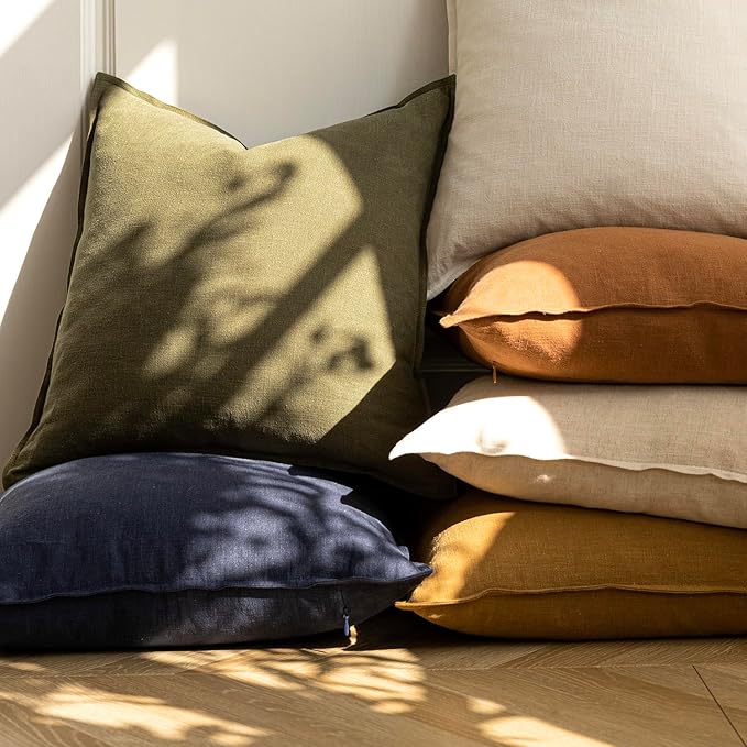 Foindtower Pack of 2, Decorative Linen Soild Throw Pillow Covers Soft Accent Cushion Case Boho Farmhouse Pillowcase for Chair Couch Sofa Bedroom Living Room Home Decor 16 x 16 Inch Olive Green