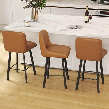 Swivel Counter Height Bar Stools Set of 6, 26''H Upholstered Barstools with Backs, Modern Bar Stool Chairs for Kitchen Island, Metal Legs, Faux Leather, Whiskey Brown Stools Counter Chair