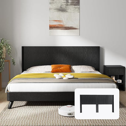 KEIKI Wooden King Size Headboard Only, 80.2" Wide Farmhouse Headboards with Wall Mounted Fluted Panel & Wingback for Bedroom, Black Oak