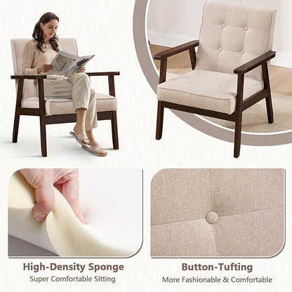 ANJ Mid Century Modern Accent Chair, Armchair for Living Room & Bedroom, Tufted Fabric Upholstered Side Chair with Solid Wood Legs, Comfortable Single Seater Reading Chair, Beige