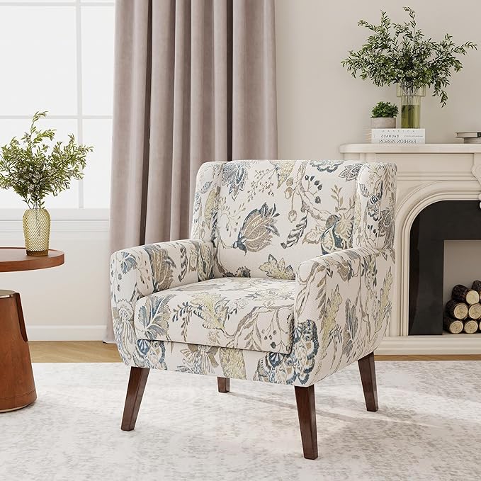 Accent Chair, Modern Fabric Armchair for Living Room, Comfy Upholstered Arm Chair Tufted for Indoor Bedroom Office Room (Pattern Leaf)