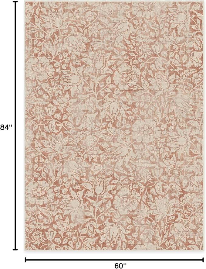 RUGGABLE x Morris & Co Washable Area Rug – Mallow Rust Red 5x7, Stain-Resistant, Non-Slip – Medium Machine Washable Rugs for Living Room, Bedroom, Hallway, Entryway & Office–with Standard Pad