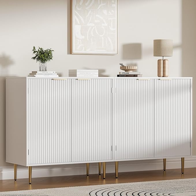 Buffet Sideboard Cabinet with 2 Doors, Modern Kitchen Cabinet with Golden Handles & Legs, Adjustable Shelf, Accent Coffee Bar Storage Sideboard for Kitchen, Living Room, White