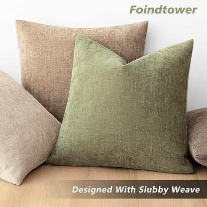 Foindtower Pack of 2 Soft Textured Chenille Throw Decorative Pillow Covers Square Accent Solid Cushion Cover Cozy Neutral Farmhouse Pillow Case for Couch Sofa Bedroom Living Room 24x24 Inch,Sage Green