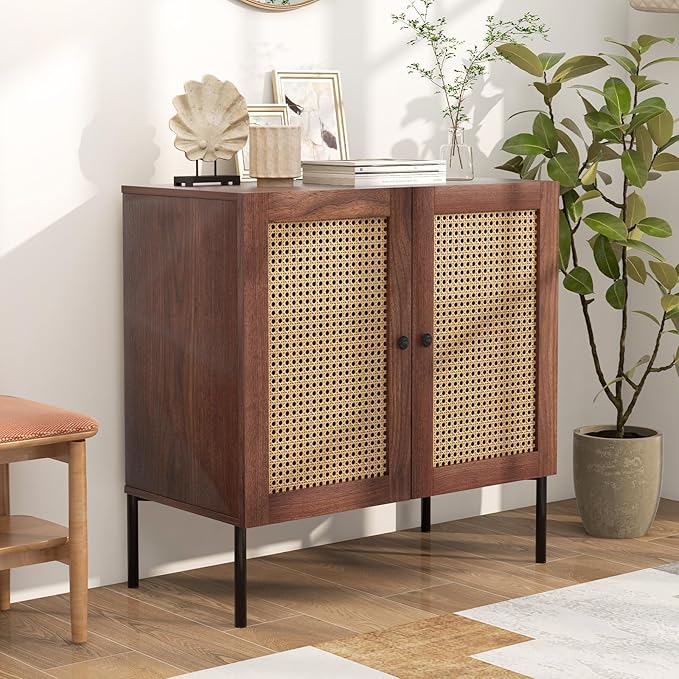 COSTWAY Buffet Cabinet with Storage, Storage Sideboard with Rattan Decorated Doors, Adjustable Shelf, Metal Legs, Accent Cabinet, Buffet Table Credenza for Hallway, Entryway, Living Room (2, Walnut)