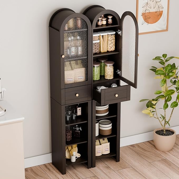 70" Tall Bathroom Storage Cabinet with Acrylic Door，Narrow Storage Cabinet with Drawer Adjustable Shelves, Modern Arched Design Bathroom Cabinet for Bathroom, Living Room, Kitchen, Espresso