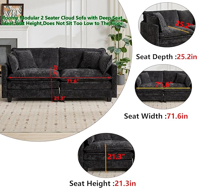 Aoowow Modular Sectional 2 Seater Cloud Sofa Couch for Living Room,78" Loveseat Couch with Deep Seat,Modern Chenille 2 Seat Sofas,Fluffy Small Couches for Bedroom,Small Spaces (Black, 2 Seater)