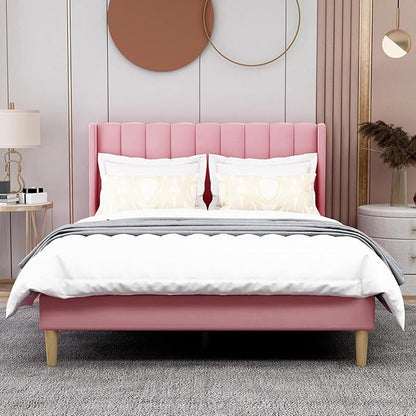 AGARTT Upholstered Platform Bed Frame Twin Size with Headboard and Footboard/Wooden Slats Support/No Box Spring Needed/Easy Assembly,Pink Velvet