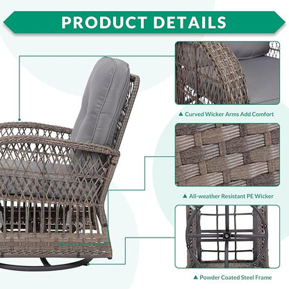 VIVIJASON 3-Piece Outdoor Conversation Bistro Set, Patio Swivel Glider Rocking Chairs Rattan Furniture Sets w/ 2 Rattan Chairs, Glass Top Side Table for Porch Backyard, Gray Wicker & Gray Cushions
