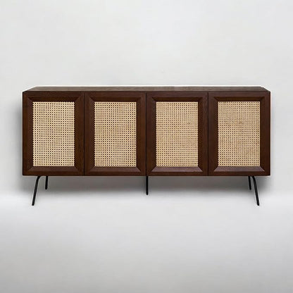 NTC MOSSIC Modern Sideboard with 4 Doors, Natural Rattan Storage Cabinet, Buffet with Metal Legs, Boho Accent Cabinet for Living Room, and Entryway, Effortless Assembly - Dark Walnut