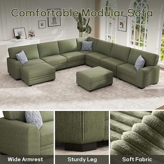 Wanderwell Oversized Modular Sectional Sofa, 6-Seater U Shaped Couches with Movable Ottoman,Corduroy Sectional Couch with Wide and Deep Seats Suitable for Living Room,Bedroom,Apartment (Olive, U-9)