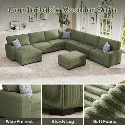 Wanderwell Oversized Modular Sectional Sofa, 6-Seater U Shaped Couches with Movable Ottoman,Corduroy Sectional Couch with Wide and Deep Seats Suitable for Living Room,Bedroom,Apartment (Olive, U-9)
