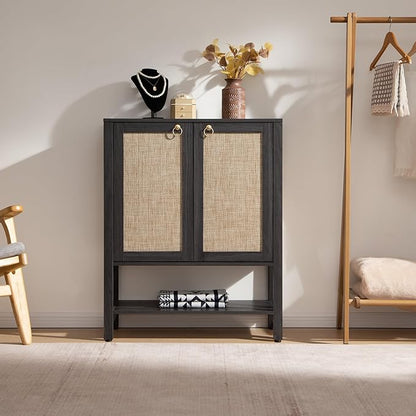 SICOTAS Shoe Storage Cabinet for Entryway - 5 Tier Rattan Entry Shoe Organizer Cabinet with Shelves & Doors, 2 Pieces Farmhouse Boho Tall Shoe Rack for Hallway, Living Room, Closet (Obsidian)