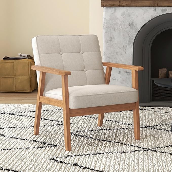 Modern Accent Chair with Arm Rest, Upholstered Linen Fabric Leisure Chair Comfy Side Chair with Backrest Button and Wooden Frame for Living Room Bedroom Reading(Beige), 1 PC