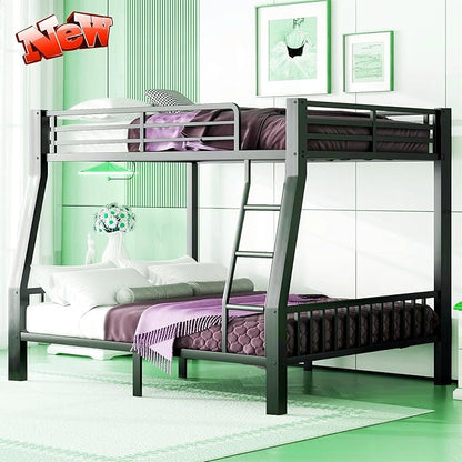 Stronger & Higher Quality Heavy Duty Steel Bunk Bed Full XL Over Queen Size Bunkbed, Thickened Safer More Stable Metal Queen Bunk Bed Frame (Faster Assembly) (Full XL Over Queen)